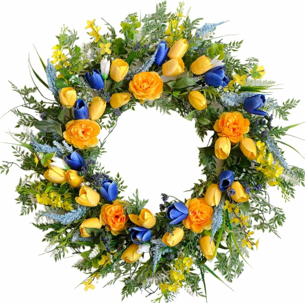 Colorful 22-inch spring wreath with yellow tulips, orange roses, blue lavender, and green foliage hanging on a front door for seasonal home decor