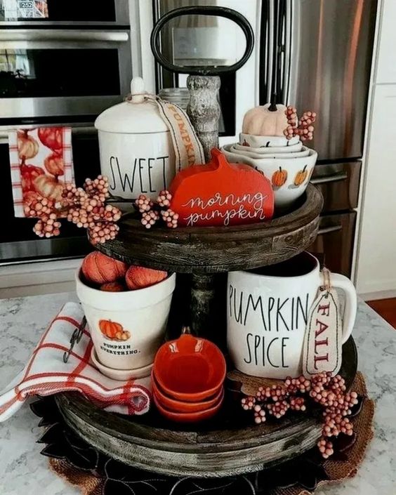Perfect for tiered trays Walnut Stained Fall Leaves and Pumpkin Mini Wood Farmhouse farmhouse decor and Rae Dunn inspired displays!