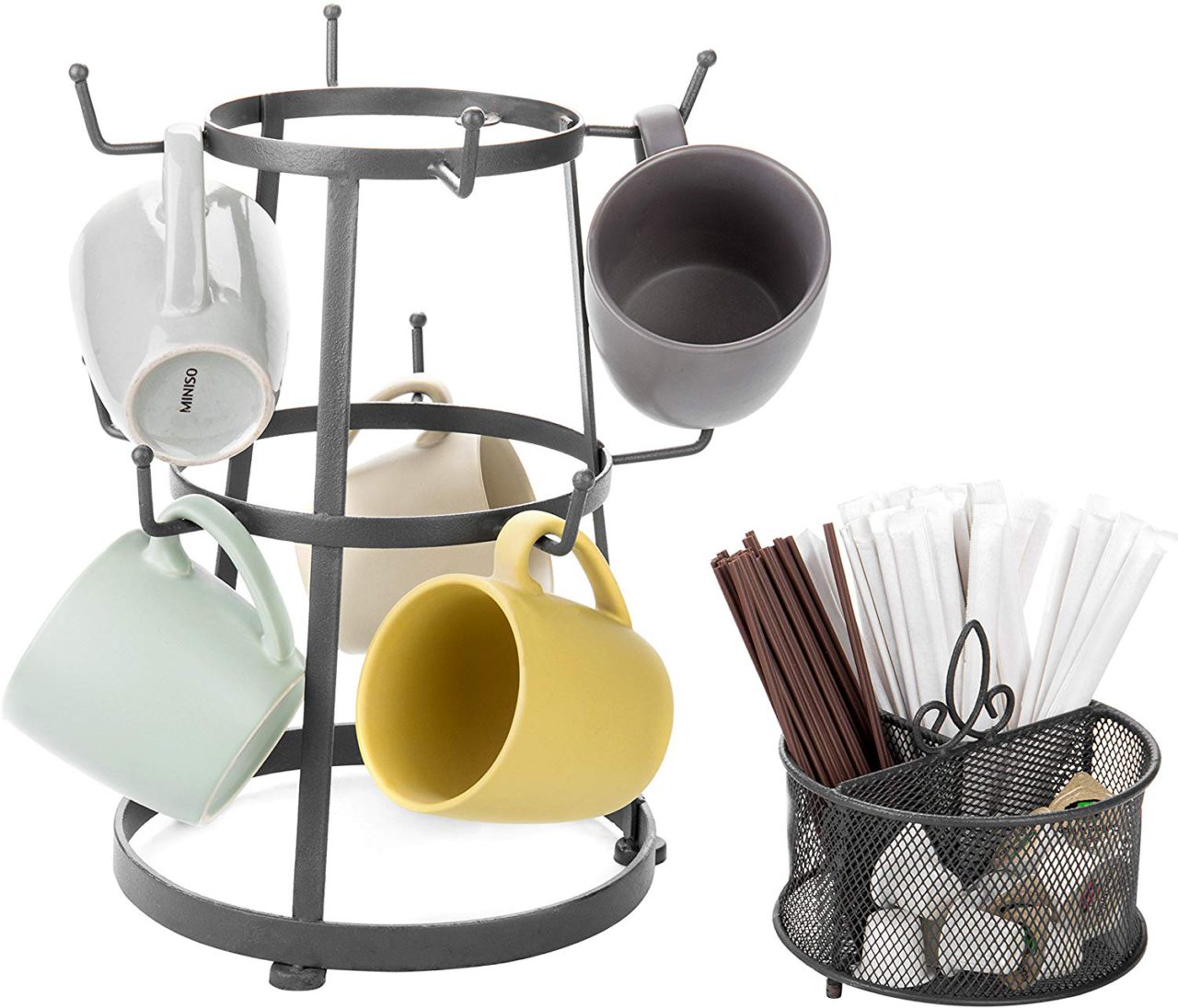 MyGift9HookGreyMetalCoffeeMugCupStandwithUtensilBinw