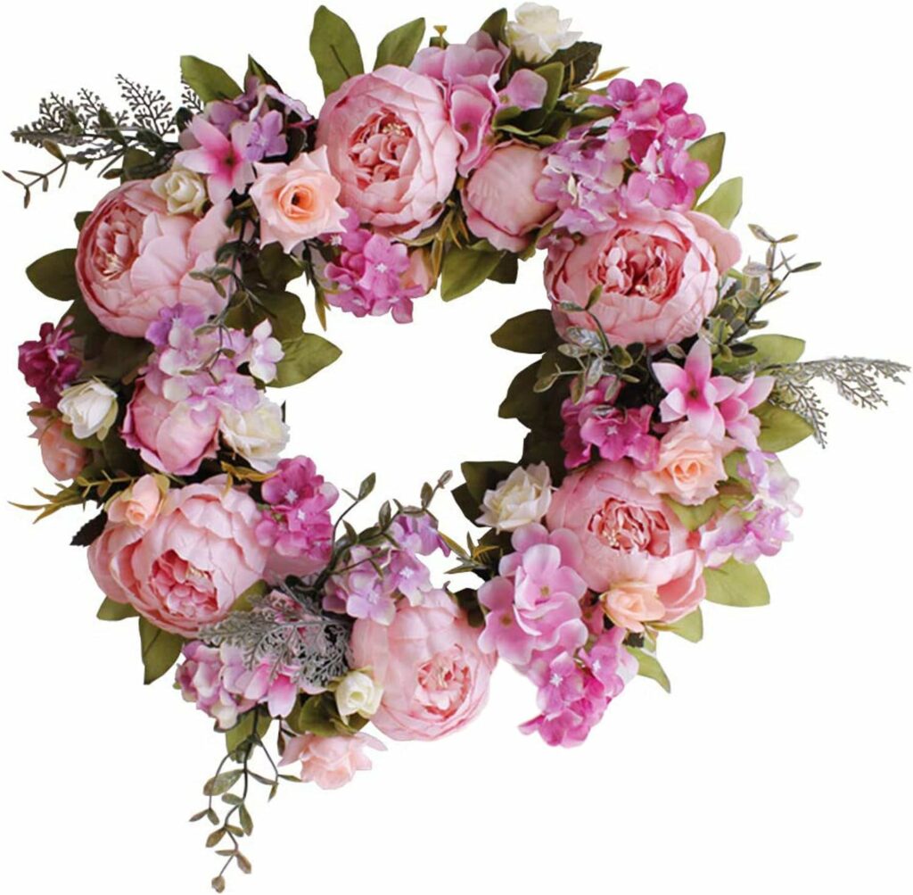 Full 16 inch artificial peony and rose wreath with greenery hanging on front door