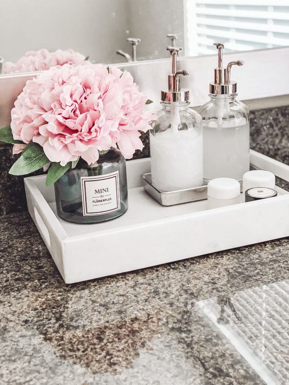 How To Decorate A Bathroom Vanity Tray With Accessories