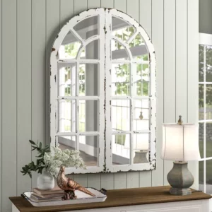 large decorative arched window pane wall mirrors in a distressed finish