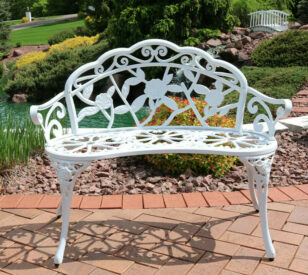 white cast aluminum garden bench