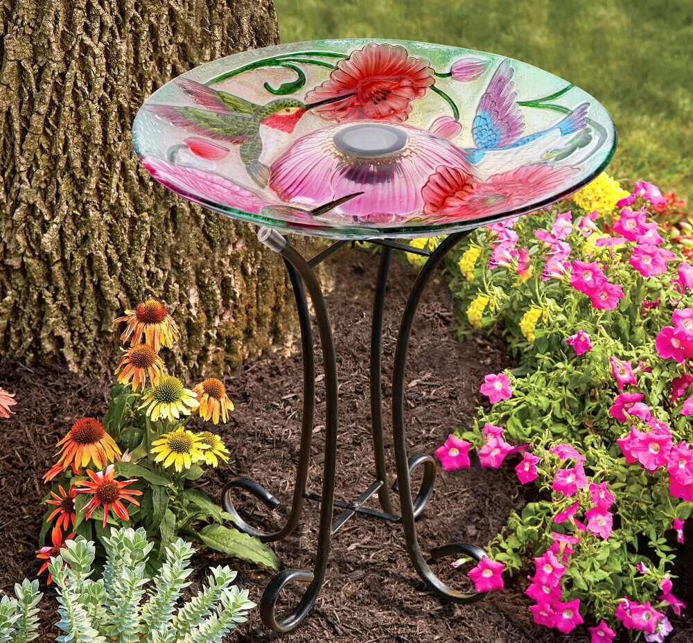 solar glass bird bath with stand