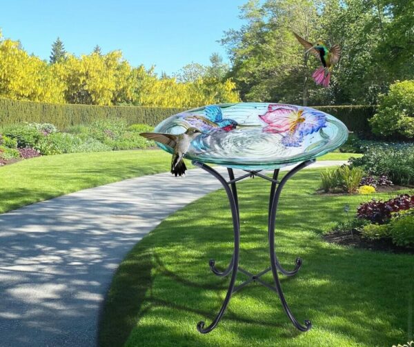 solar glass bird bath with stand