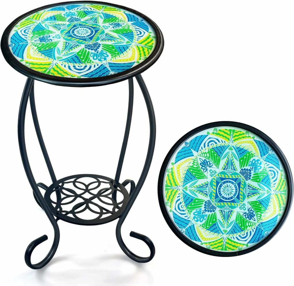 Round glass mosaic outdoor side table with mandala pattern and lower shelf, decorative patio accent table for balconies, gardens, and small spaces