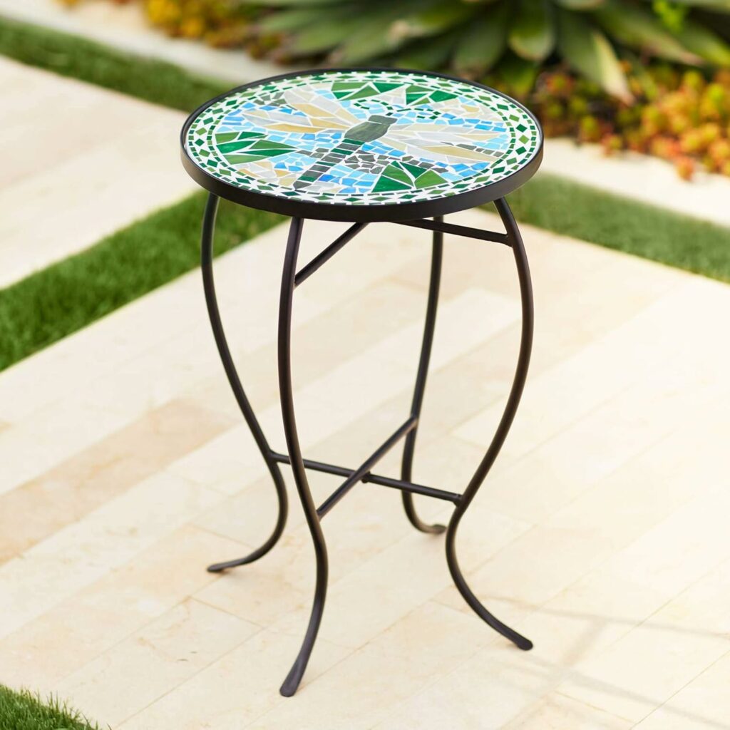 Round mosaic outdoor side table with dragonfly design and black metal frame, decorative patio table for small outdoor spaces