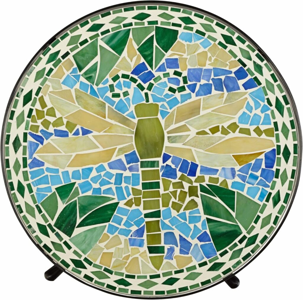 Round mosaic outdoor side table with dragonfly design and black metal frame, decorative patio table for small outdoor spaces