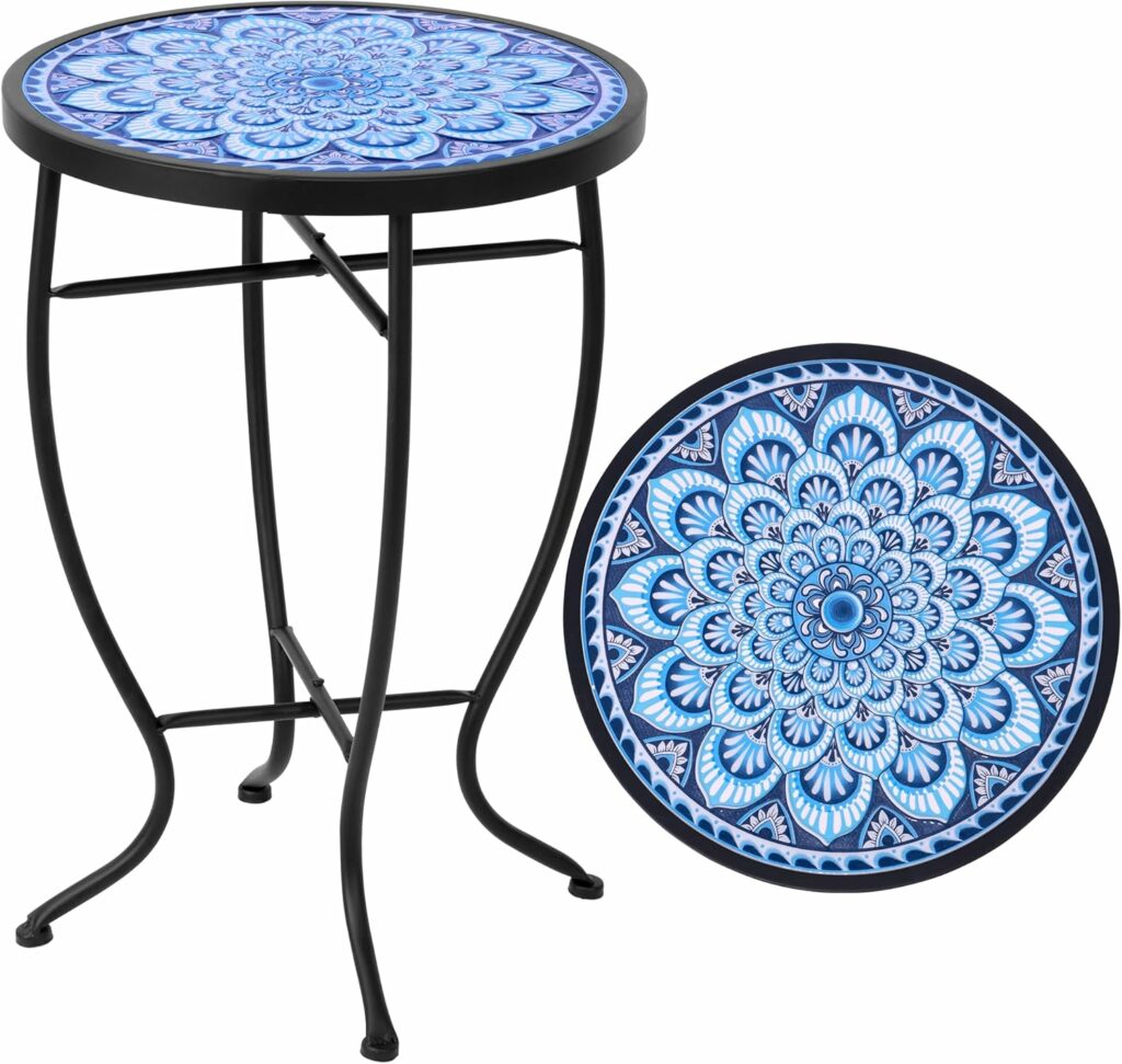 Small 14-inch round ceramic mosaic outdoor side table with metal frame, compact patio accent table for balconies, porches, and small seating areas